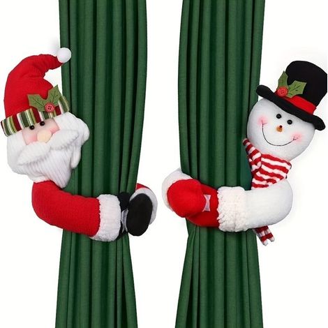 Lot de 2 embrasses à boucle de rideau de Noël, embrasses de rideau en forme de Père Noël bonhomme de neige, fixation à boucle, déc1 (1/5)