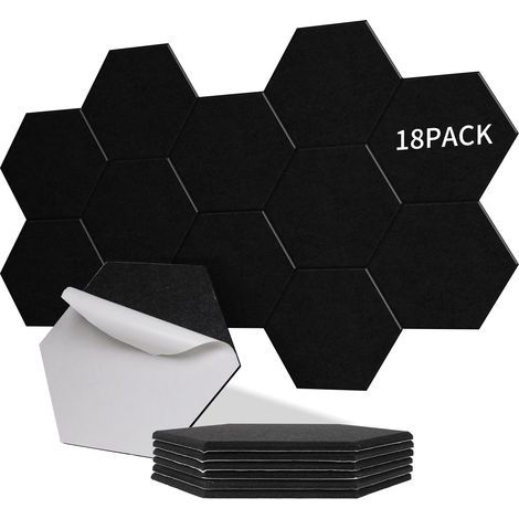 Packung mit 18 selbstklebenden, sechseckigen Akustikpaneelen mit hoher Dichte (230 kg/m³), NRC 0,95, für Wände, Türen und Studios (1/5)