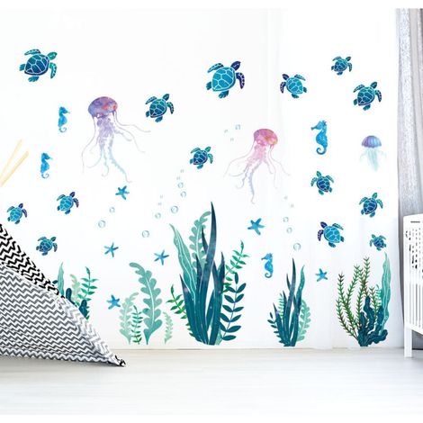 Adesivi murali subacquei – Tartaruga, alghe e bolle in vinile colorato – Decorazione per pareti di bagno, toilette o camera da letto