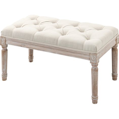 Sitzhocker, Polsterbank mit Leinenoptik, Fußhocker mit gepolstertem Sitz, Holzbein, Ottomane Fußstütze aus Holz, für Wohnzimmer, Schlafzimmer, Cremeweiß