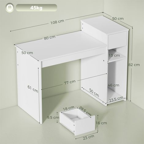 Bureau d'ordinateur blanc avec tiroir et étagère, poste de travail avec support CPU, 108 x 50 x 82 cm (1/5)