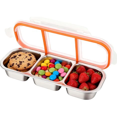 Boîte à snacks avec 3 compartiments, bol à snacks avec couvercle, assiette à snacks en acier inoxydable, boîte à snacks divisée pour bonbons, épices, noix, biscuits, légumes (1/4)