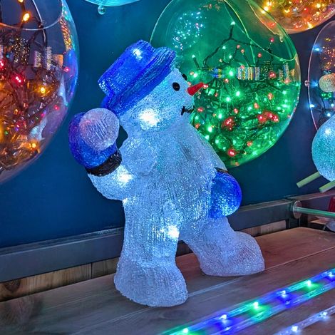 Décoration Noël bonhomme de neige lumineux 30 cm – 48 LED blanc pur – Usage intérieur et extérieur – Câble argent transparent – Blachère Illumination (1/3)