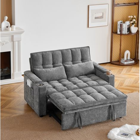 Sofá cama 3 en 1 de chenilla gris con almacenaje y portavasos - CHICFURN (1/5)