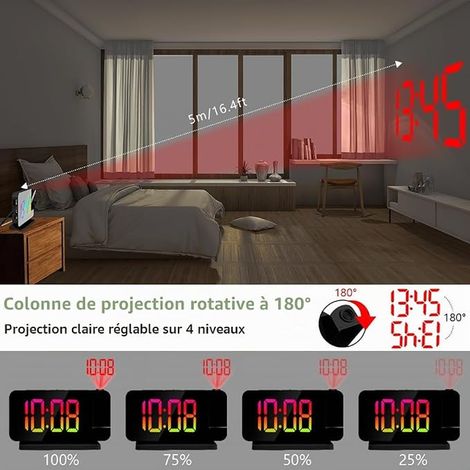 Réveil, Horloge Numérique LED,Charge USB Reveil Projecteur Plafond avec Rotation, RVB Couleurs LED Affichage (1/3)