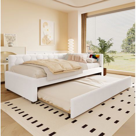 Cama nido bouclé blanca 90x200 cm con cama extraíble, somier de láminas, luz y puertos USB/Tipo-C (1/5)