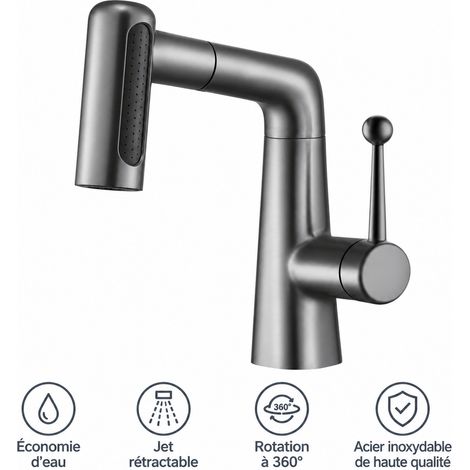 Mitigeur de lavabo relevable et extractible Gris canon de fusil robinet vasque salle de bain 40 × 25,4 × 12,5 cm 1,5 kg – Livraison gratuite