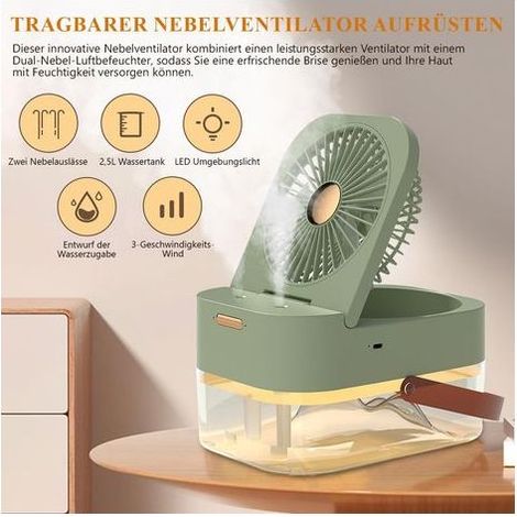 Ventilateur de table 3 en 1 - Ventilateur USB avec humidificateur et veilleuse - Batterie 1200 mAh - 3 vitesses - 2,5 litres - Humidificateur rechargeable USB pour bureaux et petits espaces - Vert (1/4)