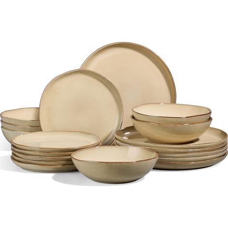 Service de table pour 6 personnes, 18 pièces, en grès, vaisselle ronde irrégulière avec assiettes plates, assiettes à dessert, bols à céréales, passe au micro-ondes et au lave-vaisselle, grès (1/5)