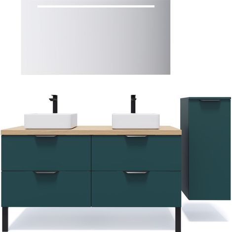 Meuble de salle de bain suspendu 2 vasques à poser 140cm 4 tiroirs Bleu + miroir + colonne ouverture droite - Soho (1/5)
