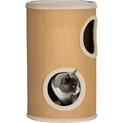 Torre rascador para gatos, diseño de 2 niveles, superficies para rascar atractivas, color marrón. (1/2)