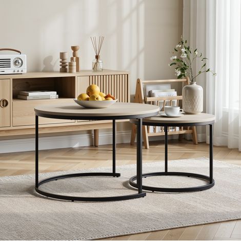 Set de 2 tables basses gigognes rondes 70x70x45 cm coloris chêne, piètement métal, design MEUBLIV (1/5)