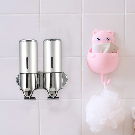 Distributeur de savon mural argenté, distributeur de savon pour salle de bain d'hôtel, flacon de shampoing, porte-gel douche manuel, double gobelet argenté 6030. (1/5)