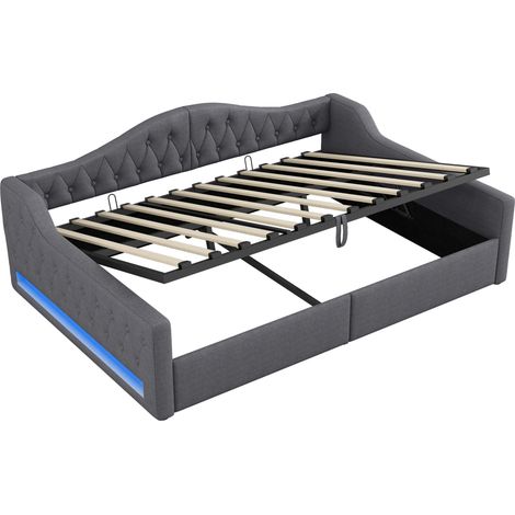 Letto a baldacchino imbottito 140x200 cm grigio con LED e vano contenitore (1/5)
