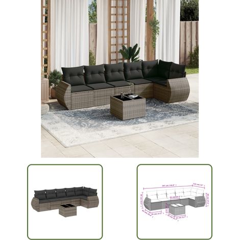 The Living Store 7-tlg. Garten-Sofagarnitur mit Kissen Grau Poly Rattan - Gartenmöbel Set - PE-Rattan Möbel - Outdoor Lounge - Garten Sofa - Esstisch Set (1/3)