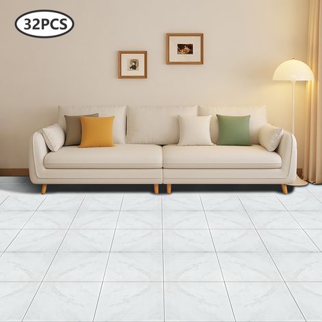 【Maison connectée】Lot de 32 carreaux de sol adhésifs blancs, Revêtement de sol composite autocollant – Vinyle effet marbre, imperméable pour la salle de bains, la cuisine, le salon et la chambre, 12 × (1/5)