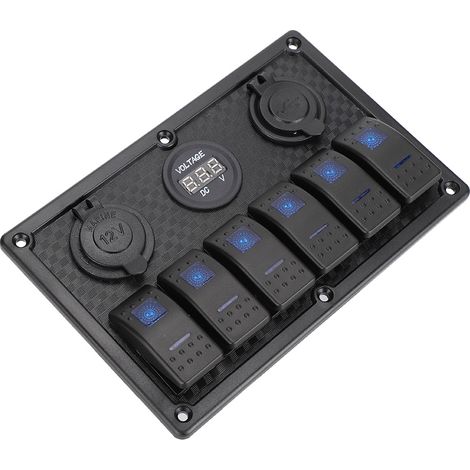 12V–24V 6-fach Wippschalterpanel mit Zigarettenanzünderbuchse, 2 USB-Anschlüssen und Voltmeter-Anzeige für Auto, Boot, LKW und Wohnmobil (1/5)
