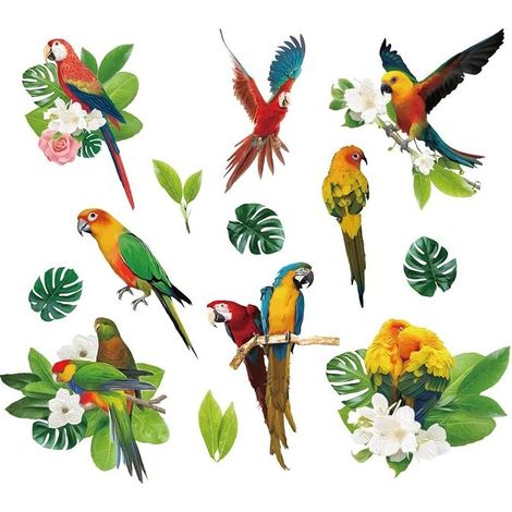 Tropical Plants Parrot Wall Stickers Green Leaf Birds Watercolor Flower Vinyl Wall Sticker Kids Nursery Bedroom Living Room DIY Art Home Decor Decorative Stickers (1/5)