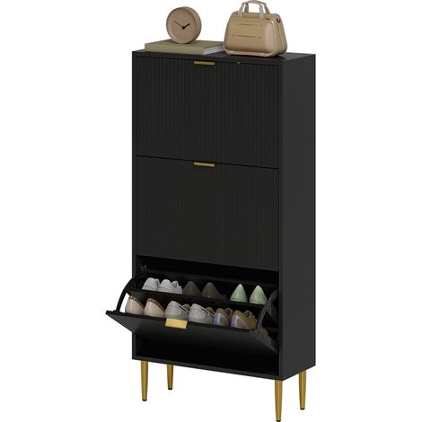 Meuble à chaussures 18 paires avec 3 tiroirs rabattables, portes cannelées et étagères réglables,60x24x122,5cm, noir (1/5)