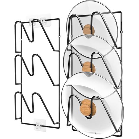 Organisateur de couvercles de casseroles, lot de 2, support de rangement de cuisine à 6 niveaux, fixation adhésive sans perçage pour une utilisation sur un placard ou un mur. (1/5)