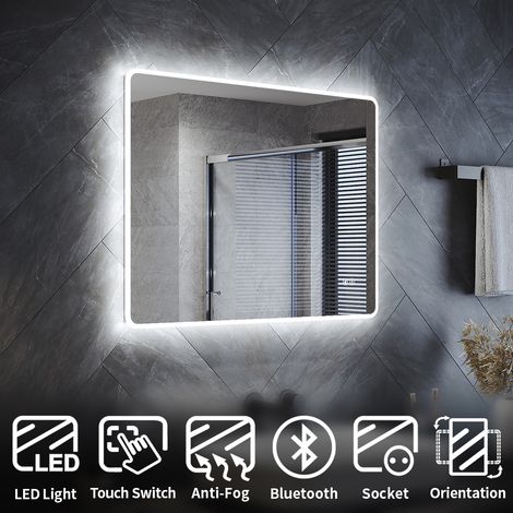 ELEGANT 800 x 600 mm Bathroom Mirror with LED Light, Bluetooth, Shaver Socket, Demister Pad, Hook, Adjustable Brightness, Acrylic Frame Wall Mounted Vanity Multi-functional Smart Mirror