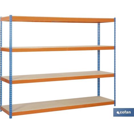 ESTANTERÍA MEDIA CARGA AZUL/NARANJA 4 BALDAS DE MADERA 2000 X 2400 X 600 MM (1/4)
