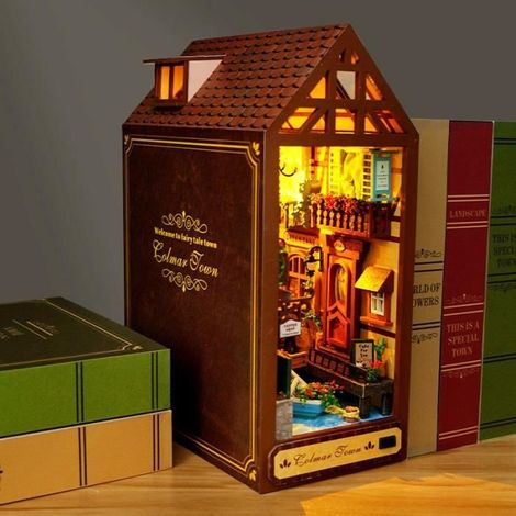 Kit serre-livres en bois DIY avec Lumière LED Meubles Book Nook Kit d'étagère à Livres Puzzle 3D Cadeaux pour enfants adultes TC16B (1/4)