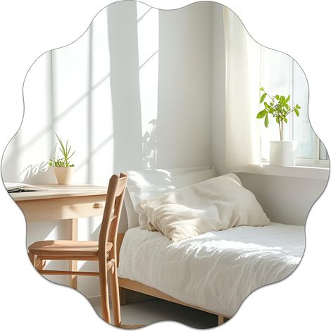 Miroir rond de 30 cm, miroir mural sans cadre à coller avec bord ondulé, miroir en acrylique autocollant rond à coller décoratif pour salle de bain, salon, chambre à coucher, couloir (1/5)