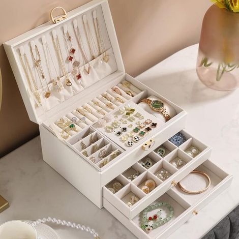Jewelry Box, 3 Tier Lockable Jewelry Storage Case with Key, Waterproof Leather, for Girls to Store Rings Necklaces Watches