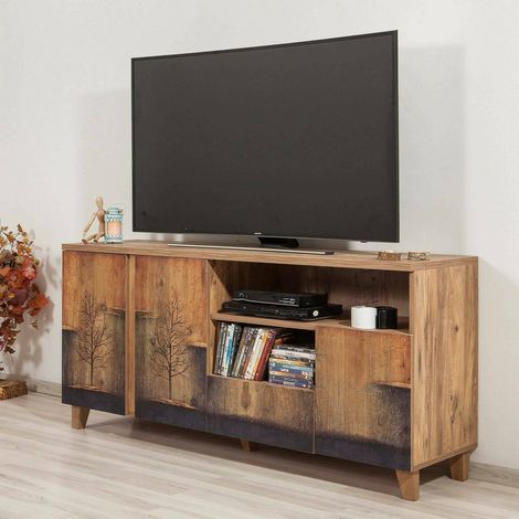 Mueble TV Bucarest, un Cajón, 6 Estantes, Puerta Abatible, 160x45x76h cm Roble Marrón (1/5)