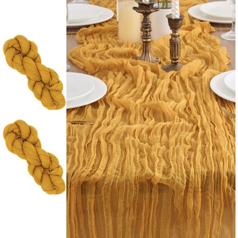 2er Set Tischläufer Gaze Stoff 90x300cm Ingwer-Gelb Boho Rustikal