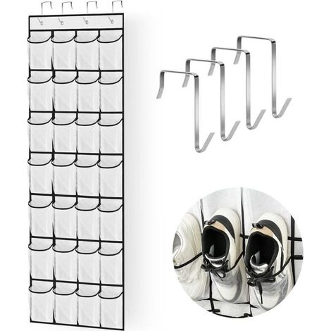 Range Chaussures à Suspendre sur La Porte, 28 Grandes Poches en Filet, Rangement de Chaussures avec 4 Crochets, Étagère à Chaussures de Porte (1/4)