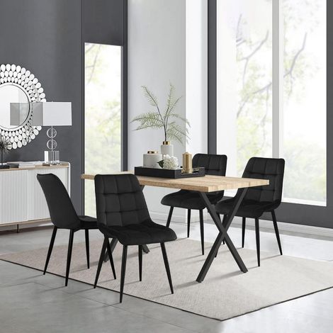 Esstisch-Set mit 4 Samtstühlen, rechteckiger Holztisch 140cm, schwarz (1/5)