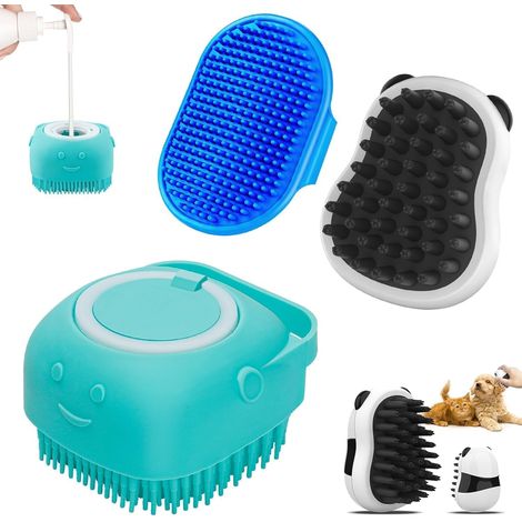 Brosse de bain 3 en 1 pour chien - Avec distributeur de savon - 3 pièces - En silicone - Poils courts - Brosse de massage pour chiens et chats - Accessoire pour chiens et chats - Poignée (1/5)