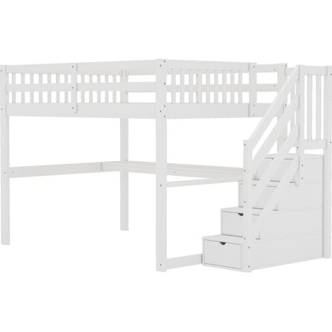 Cama alta infantil 140 x 200 cm blanca con escritorio y almacenaje, pino y MDF (1/5)