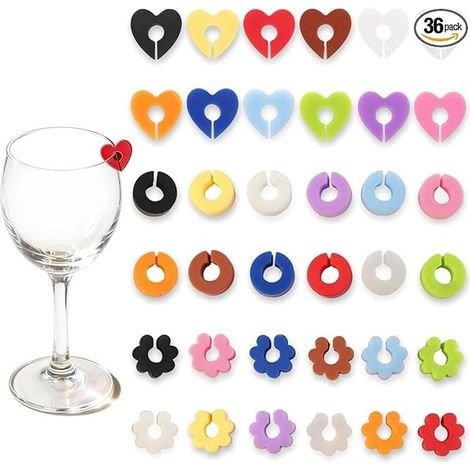 Silicone Wine Glass Markers, 3 Colorful Shapes (Heart, Clover, C-Ring) Reusable Glass ID for Champagne and Cocktails Party Accessory for Guests (1/5)