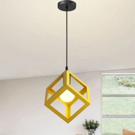 U-Do Lustre Suspension Carré en Fer Jaune E27 Ajustable Lustre Plafonnier Exquise Lampe Intérieur design Vintage pour Cuisine (1/4)