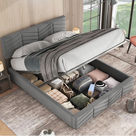 Lit capitonné moderne 140x190 cm velours gris, coffre hydraulique, tête de lit réglable, sommier à lattes (1/5)