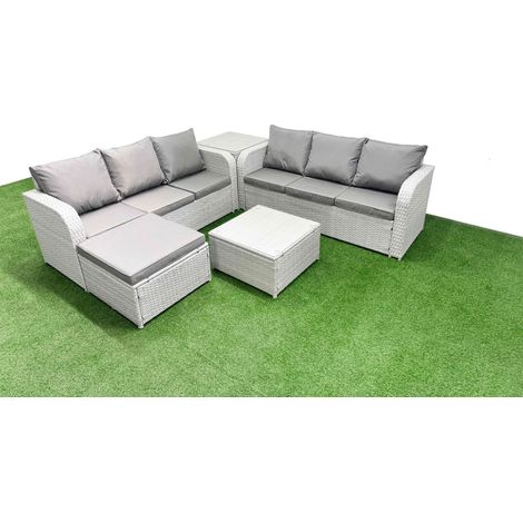 Fimous Outdoor Garden Furniture Sets 7 Seater Wicker Rattan Furniture Sofa Sets with Square Coffee Table high Back Lounge Sofa Big Footstool Side Table Light Grey (1/4)