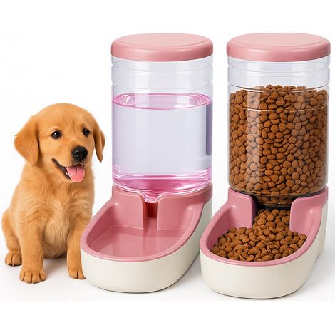 Distributeur Croquettes Chat, Chien, Automatique, 2 Unités, 3.8 L, Gamelle à Nourriture et à Eau pour Animaux de Compagnie (Rose) (1/5)