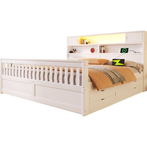 CHICFURN Cama con almacenaje 180x200 cm, cabecero tipo librería, LED multicolor, cuatro cajones, estructura en MDF y madera contrachapada, blanco para dormitorio moderno (1/5)