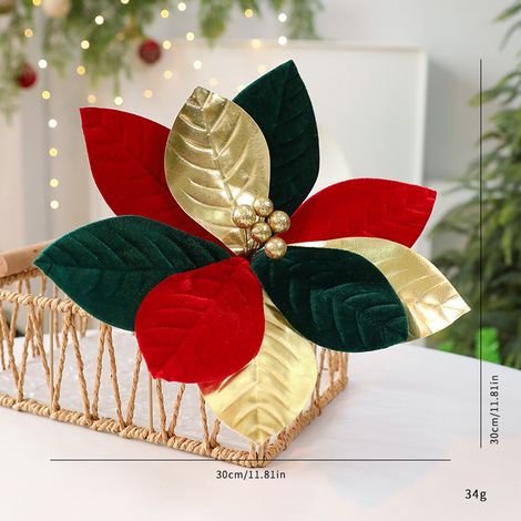 Bouquet de Poinsettia Velours 30cm - Décoration Fête Intérieure Rouge Vert Or (1/5)