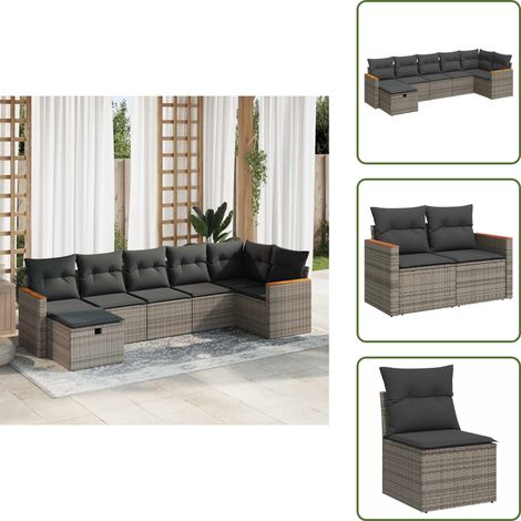 7-tlg. Garten-Sofagarnitur mit Kissen Grau Poly Rattan - Gartensofa Set - Garten Sofa Set - Outdoor Sofa Set - Garten Sofagarnitur (1/5)