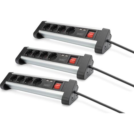 DIGITUS DA-70614 - Presa multipla con USB - 3 pezzi - 2x porta USB (USB-A) - 4x presa con contatto di terra - Con interruttore - Caricatore USB - Per montaggio a parete e da tavolo, Nero (1/5)