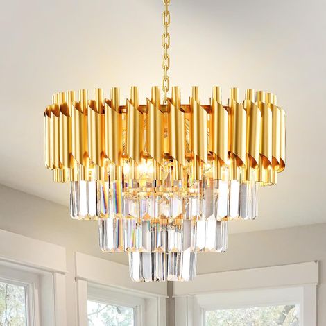 Lustre Golden Crystal Chandelier Lights, Modern Crystal Pendant Light, 3-Tier Raindrop Chandelier Light Fixture, 5xE14 lumières, pour le salon, la salle à manger, la chambre, le Restaurant, Ø40 cm (1/5)