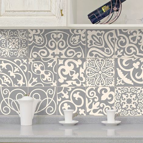 Sticker Mural Carrelage adhésif Cuisine Salle de Bain - 15 STICKERS CARRELAGES AZULEJOS NUANCES DE GRIS PALAOS - 15stickers10x10cm (1/5)