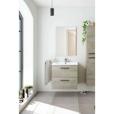 Meuble sous-vasque, Meuble de salle de bain avec 2 tiroirs, Meuble suspendu avec miroir, lavabo non inclus, 60x45h57 cm, Chêne (1/5)