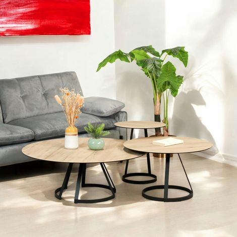 Pier Import – Table basse gigogne en céramique effet bois clair – Lot de 3 pièces – Dimensions : 100x38cm, 70x42cm, 45x50cm – Base en verre trempé (1/5)