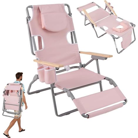 GOPLUS Chaise Longue Pliable avec Trou Visage, Transat Jardin Extérieur avec Dossier Réglable, Porte-Serviettes, Poches de Rangement, Bain de Soleil pour Patio, Plage, Jardin, Charge 150 KG (Rose) (1/5)