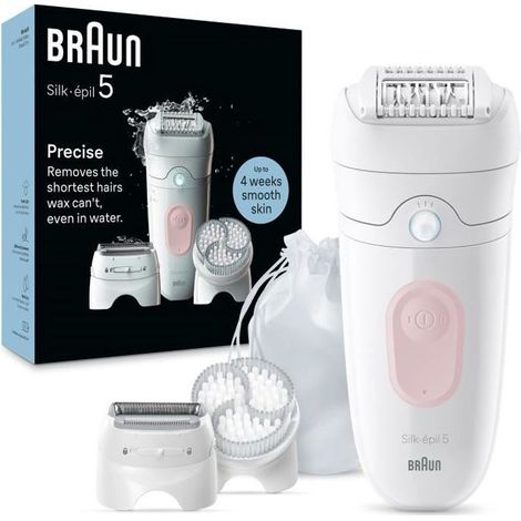 BRAUN Silk Epil 5-060 Epilierer Damen Haarentferner für langanhaltende Haarentfernung + Trimmeraufsatz + Peelingaufsatz Weiß / Flamingorosa (1/5)